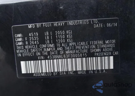 2015 Subaru Legacy 2.5I Limited из США, поврежденный, VIN 4S3BNAL63F3005815